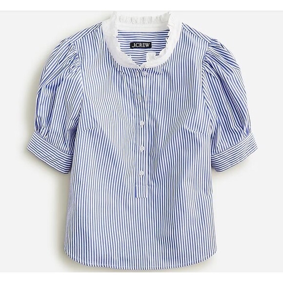 J. Crew Puff Sleeve Button Front Shirt S Blue Stripe Popover Ruffle Collar - Picture 1 of 7
